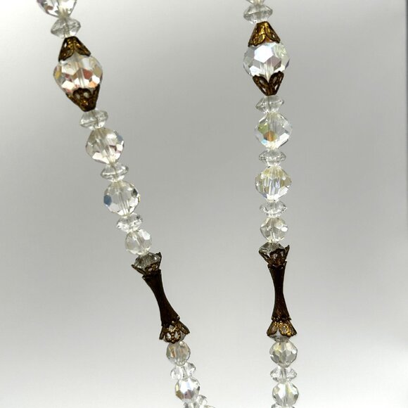 Vintage Aurora Borealis Crystal Tassel Necklace 26” Filigree Midcentury Cocktail - Picture 4 of 16